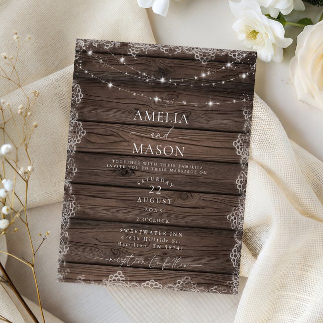 Invitation de mariage rustique en bois et dentelle (Wood & Lace String Light Rustic Wedding Invitation)