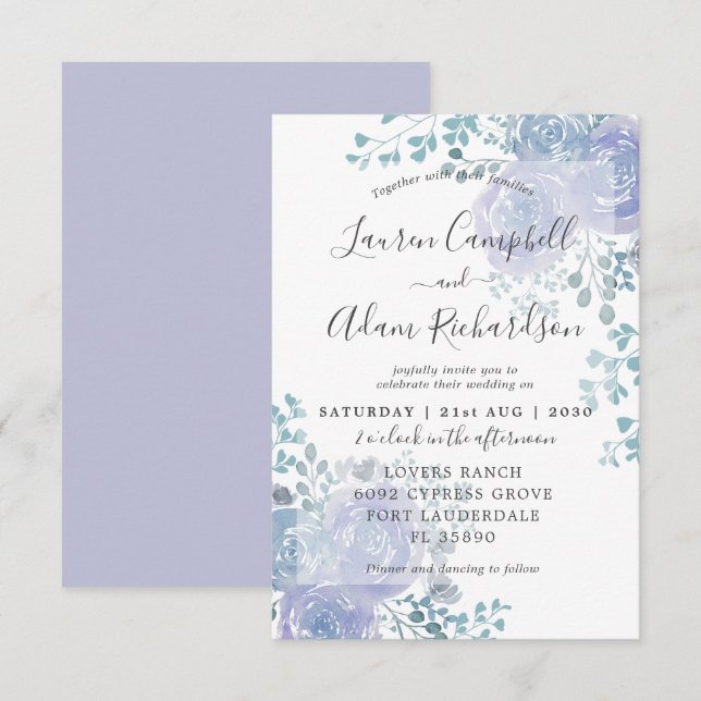 Invitation de mariage rustique floral bleu poussié (Devant / Derrière)