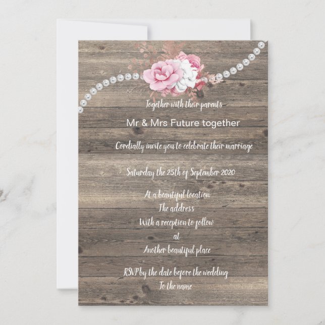 Invitation de mariage rustique vintage florale ros (Devant)