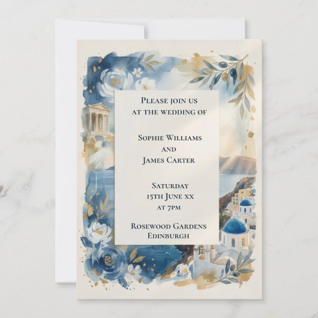 Invitation de mariage Santorin à fleurs bleues (Devant)