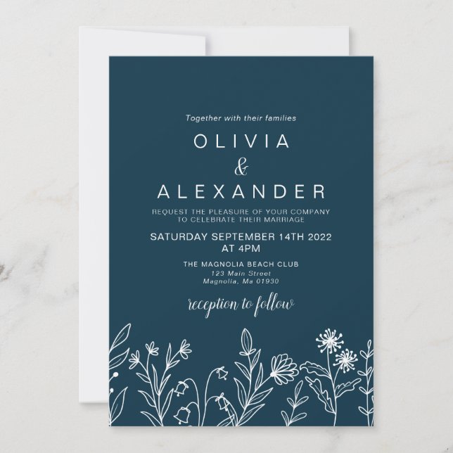 Invitation de mariage sauvage bohème bleu marine à (Devant)
