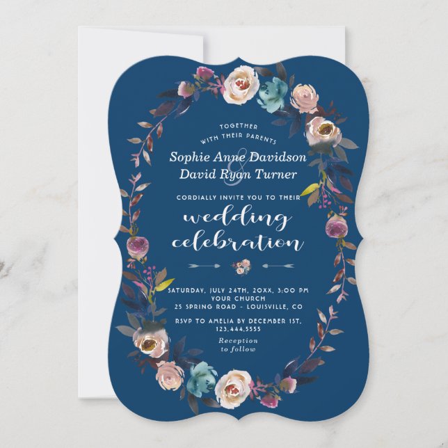 Invitation de mariage | Serre florale rose bleu fo (Devant)