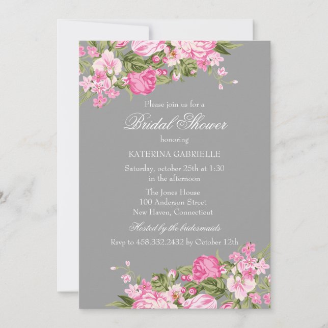 Invitation de mariage shabby chic florale grise ro (Devant)