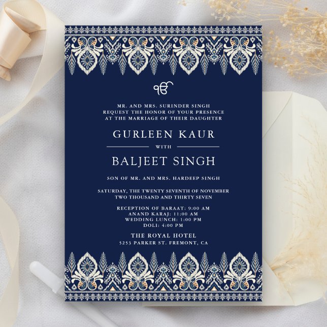 Invitation de mariage Sikh Anand Karaj Ikat bleu m (Créateur téléchargé)