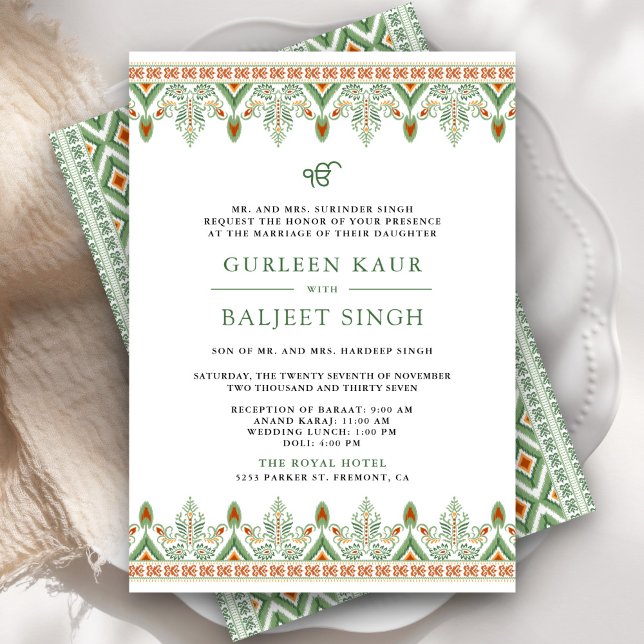 Invitation de mariage Sikh Green Ikat Anand Karaj (Créateur téléchargé)