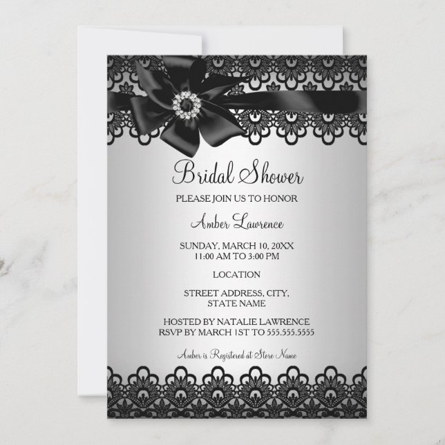 Invitation de mariage Silver Black Lace & Bow (Devant)