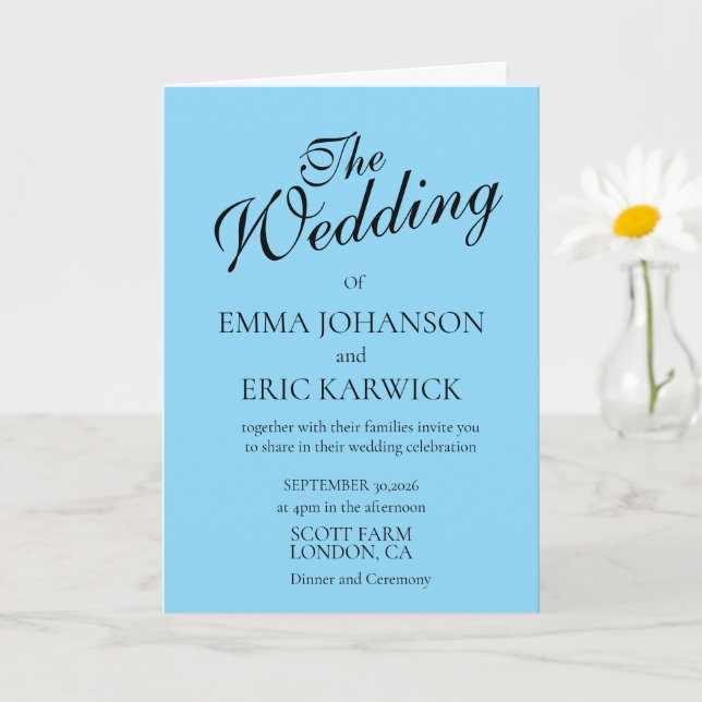 Invitation de mariage simple bleu et blanc moderne (Petite plante)