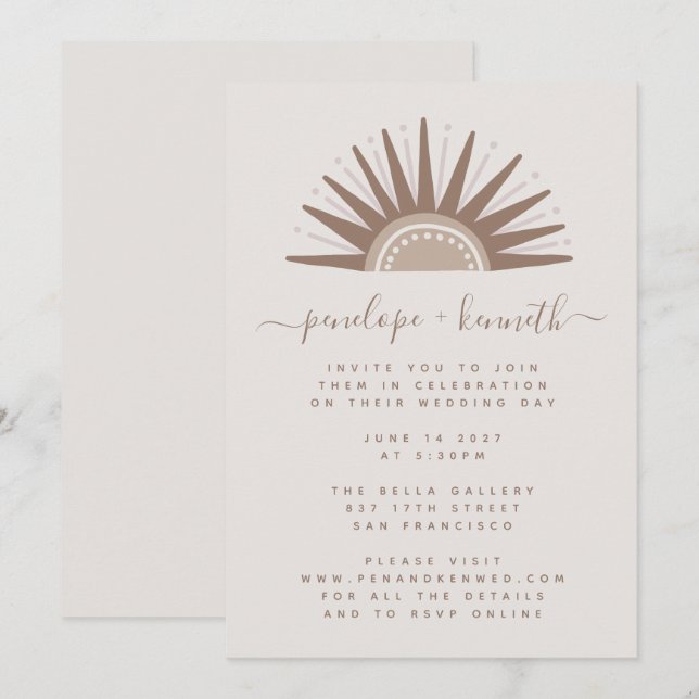 Invitation de mariage simple boho soleil marron et (Devant / Derrière)