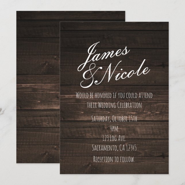 Invitation de mariage simple en bois rustique fonc (Devant / Derrière)