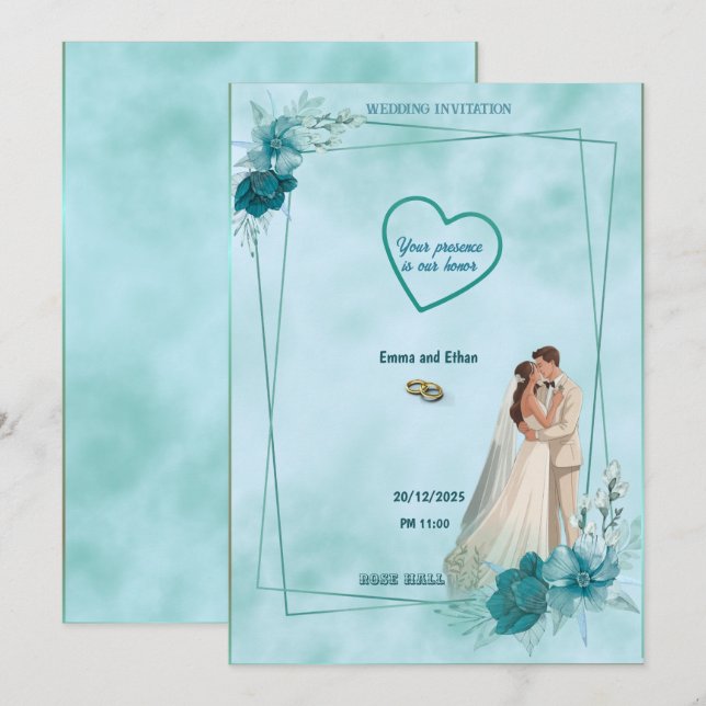 Invitation de mariage simple et élégante en bleu c (Devant / Derrière)