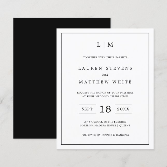 Invitation de mariage simple noir et blanc à petit (Devant / Derrière)
