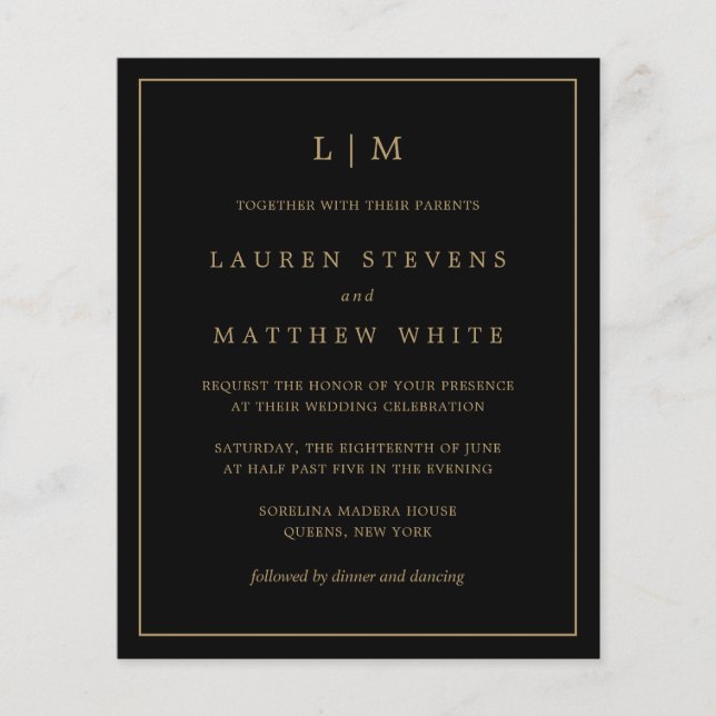 Invitation de mariage simple noir et or à petit bu (Devant)