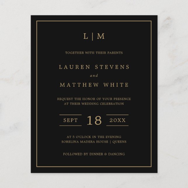 Invitation de mariage simple noir et or à petit bu (Devant)