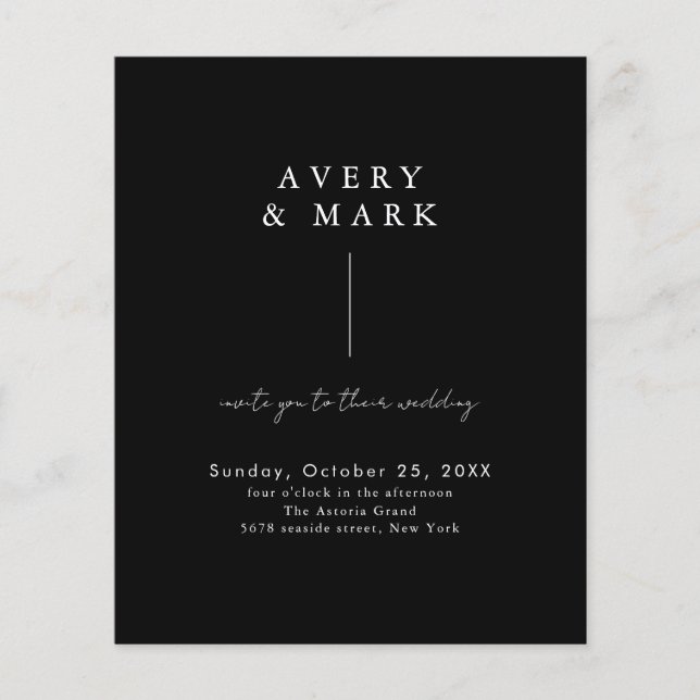 Invitation de mariage simple noir noir minimal bud (Devant)