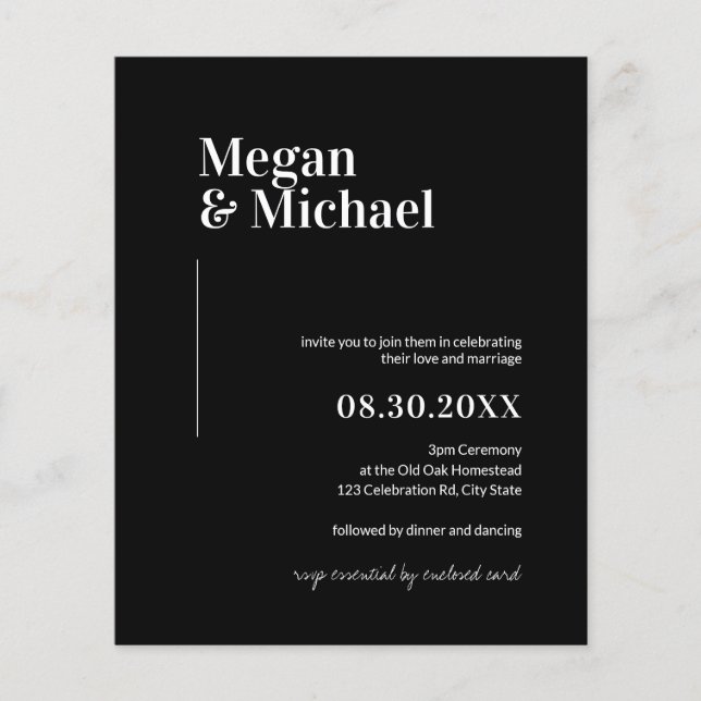 Invitation de mariage simple noir noir minimal bud (Devant)