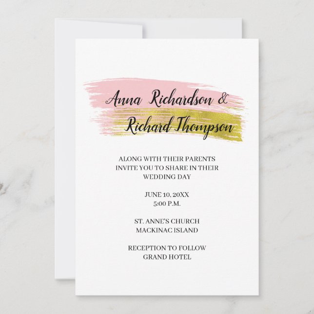 Invitation de mariage simple pêche et dorée avec c (Devant)