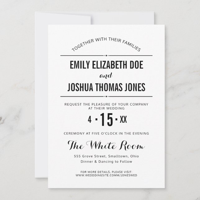 Invitation de mariage simple personnalisée noir bl (Devant)
