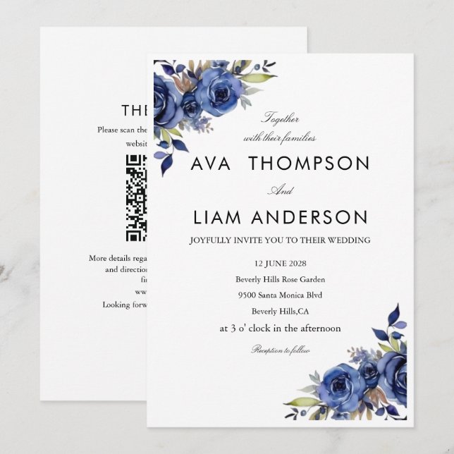 Invitation de mariage simple QR Floral Bleu Poussi (Devant / Derrière)
