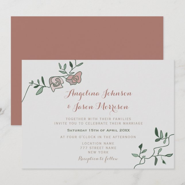 Invitation de mariage simple rose poussiéreuse et  (Devant / Derrière)