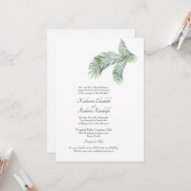 Invitation de mariage simple site tropical paume u (Devant/Arrière en situation)