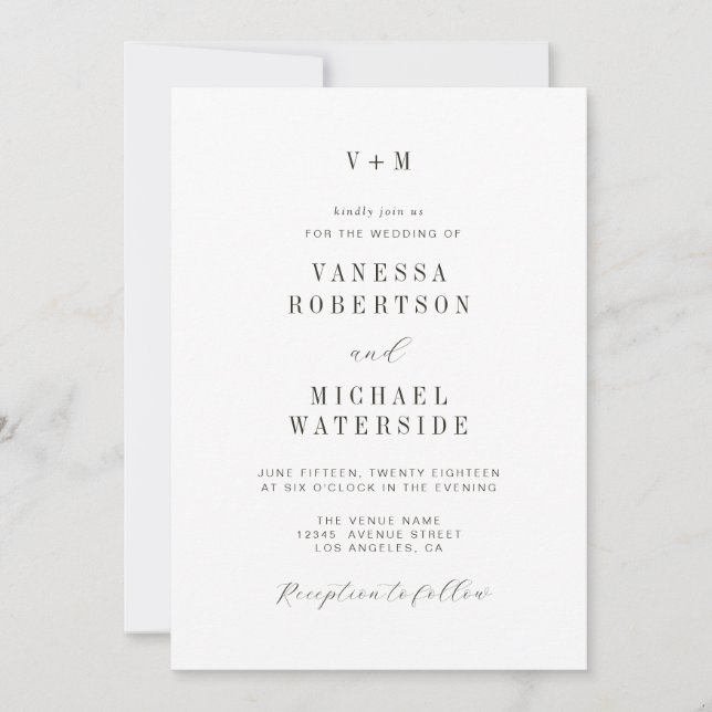 invitation de mariage simple unique noir et blanc (Devant)