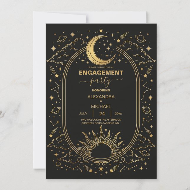 Invitation de mariage Soleil Lune Céleste Noir Or (Devant)