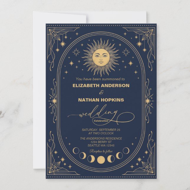 Invitation de mariage Soleil Lune Céleste Or Marin (Devant)