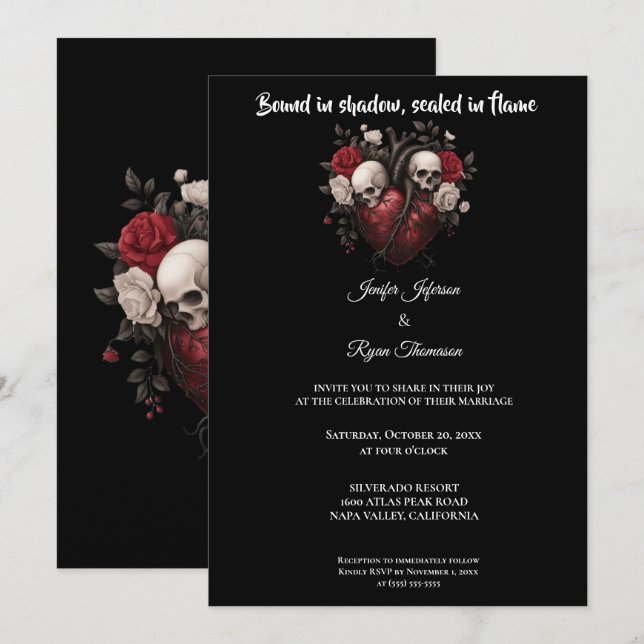 Invitation de mariage sombre et gothique pour Hall (Devant / Derrière)