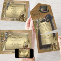 Invitation de mariage Steampunk et or en cuir tout