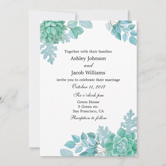 Invitation de mariage succulente. Invitation menth (Devant)