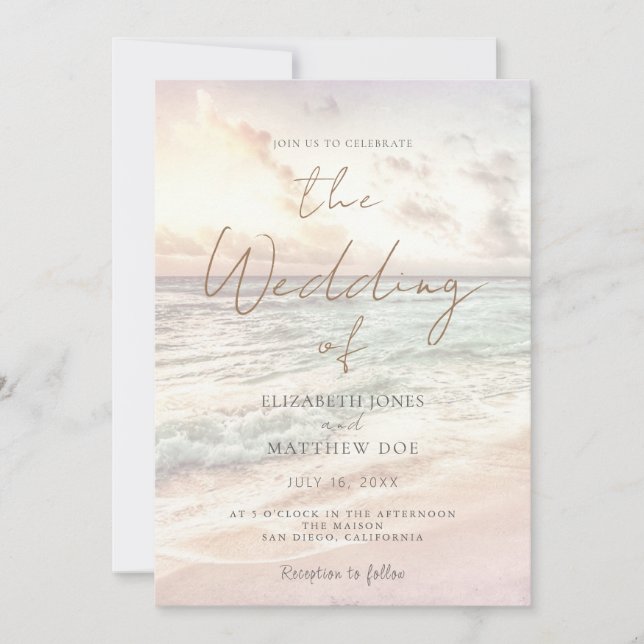 Invitation de mariage sur la plage au coucher du s (Devant)