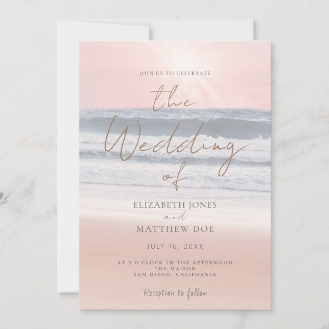 Invitation de mariage sur la plage au coucher du s (Devant)