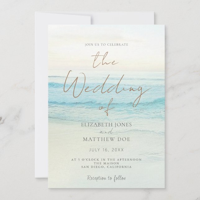 Invitation de mariage sur la plage au coucher du s (Devant)