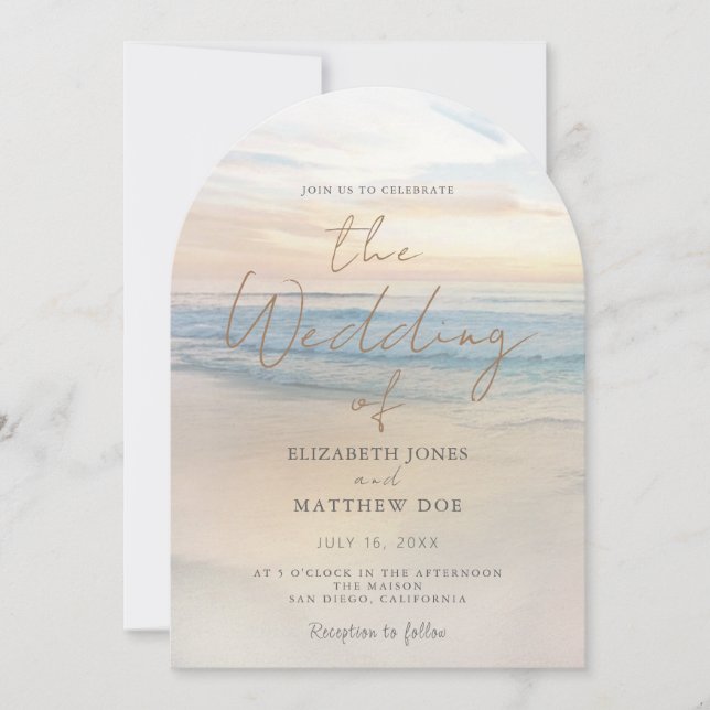 Invitation de mariage sur la plage au coucher du s (Devant)