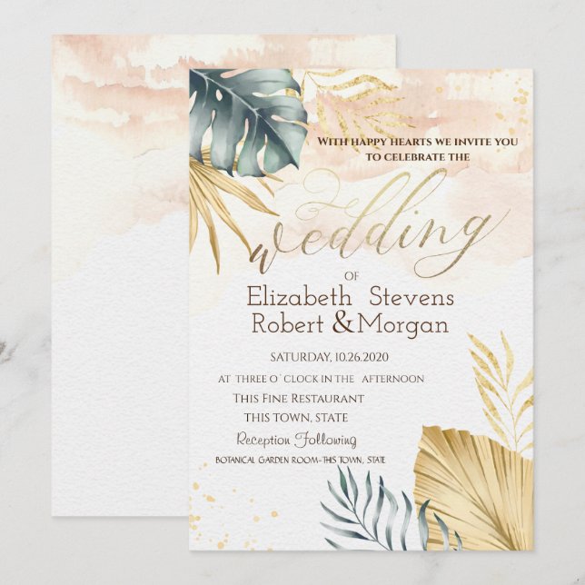Invitation de mariage sur la plage aux feuilles de (Devant / Derrière)