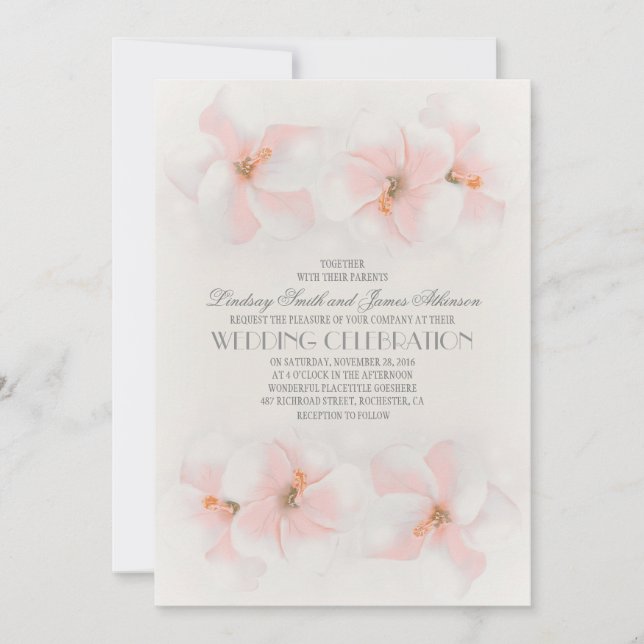Invitation de mariage sur la plage avec fleurs ros (Devant)