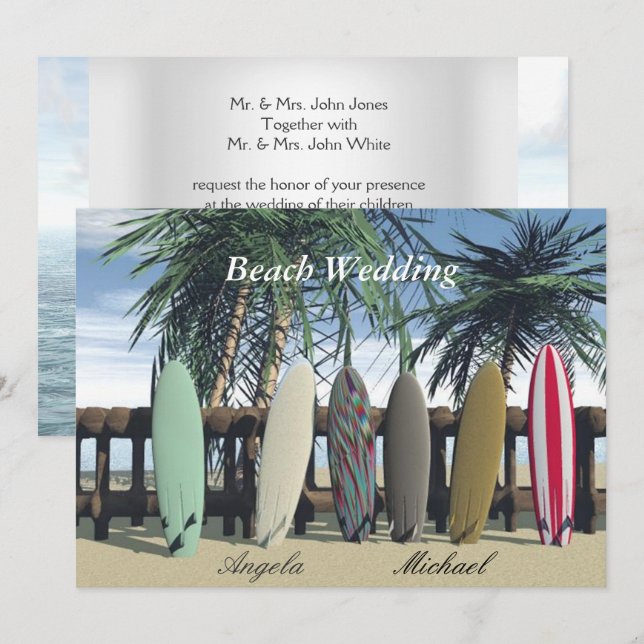 Invitation de mariage sur la plage avec planches d (Devant / Derrière)
