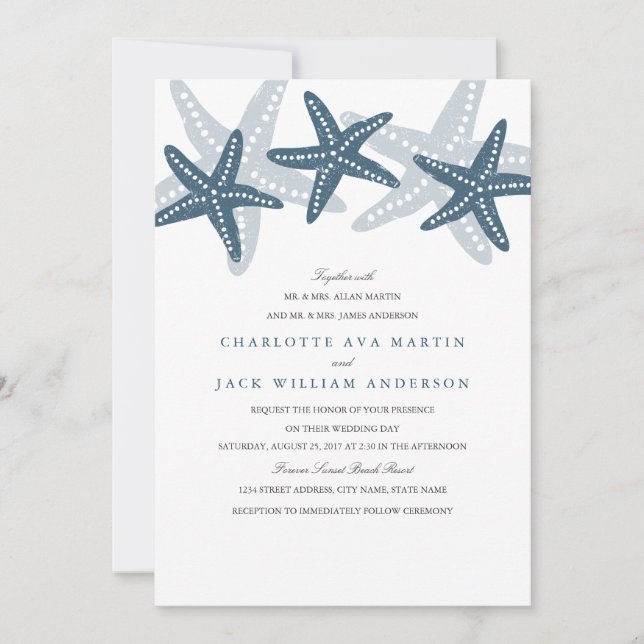 Invitation de mariage sur la plage Blue Starfish (Devant)