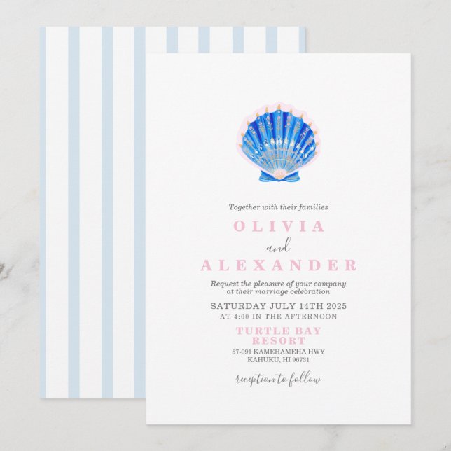Invitation de mariage sur la plage de coquillages (Devant / Derrière)
