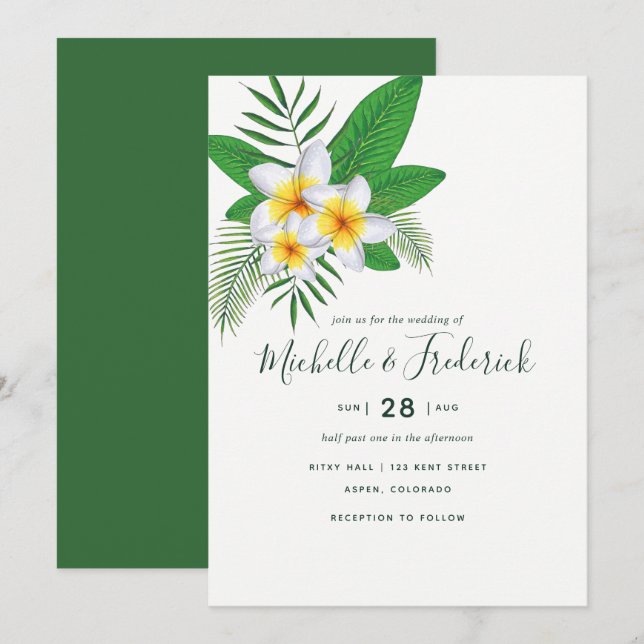Invitation de mariage sur la plage de frangipanier (Devant / Derrière)