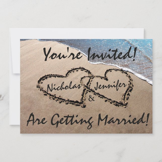Invitation de mariage sur la plage Deux cœurs dans (Devant)