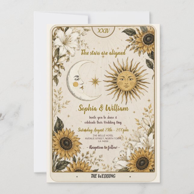 Invitation de mariage Tarot Lune Soleil Étoiles Am (Devant)
