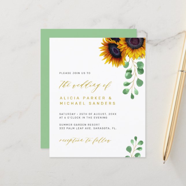 Invitation de mariage tournesols eucalyptus à peti (Devant/Arrière en situation)