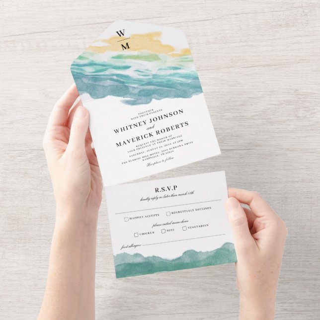 Invitation de mariage tout en un à fleurs bleu pou (Déchirure)