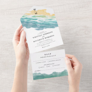 Invitation de mariage tout en un Fleurs Bleu Pouss