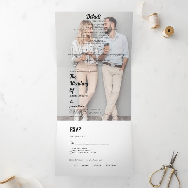 Invitation de mariage triptyque à typographie noir (Intérieur)