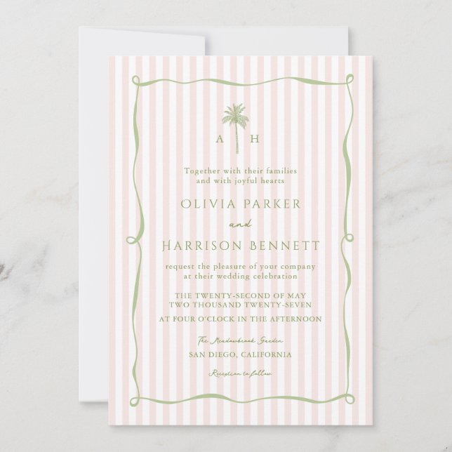 Invitation de mariage tropical avec palmier à rayu (Devant)
