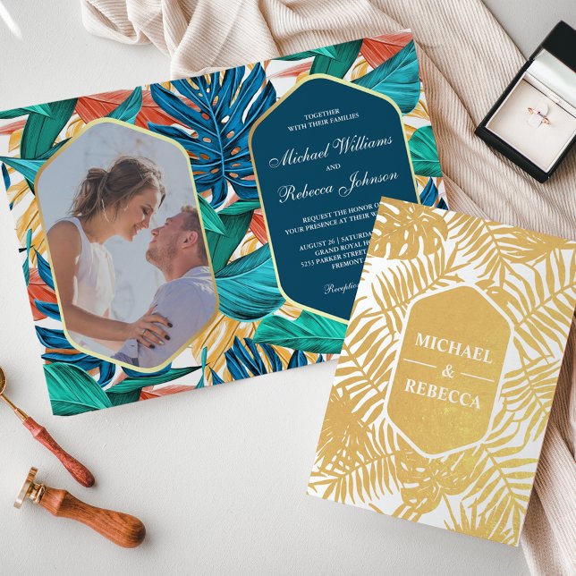 Invitation de mariage tropical bleu océan avec feu (Créateur téléchargé)