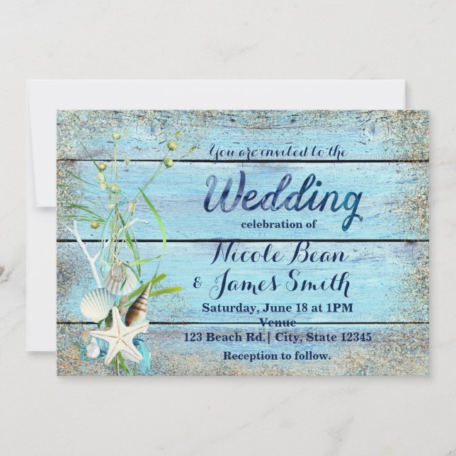 Invitation de mariage tropical Blue Wood Beach (Devant)