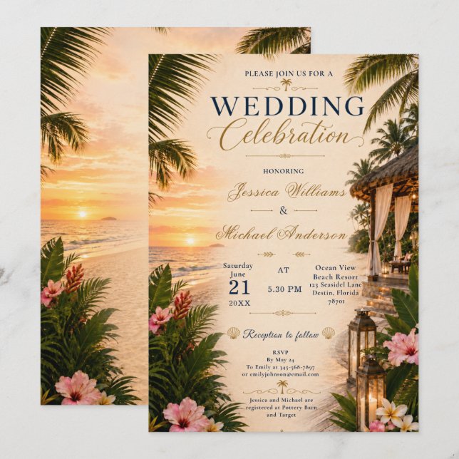 Invitation de mariage Tropical Cabana (Devant / Derrière)